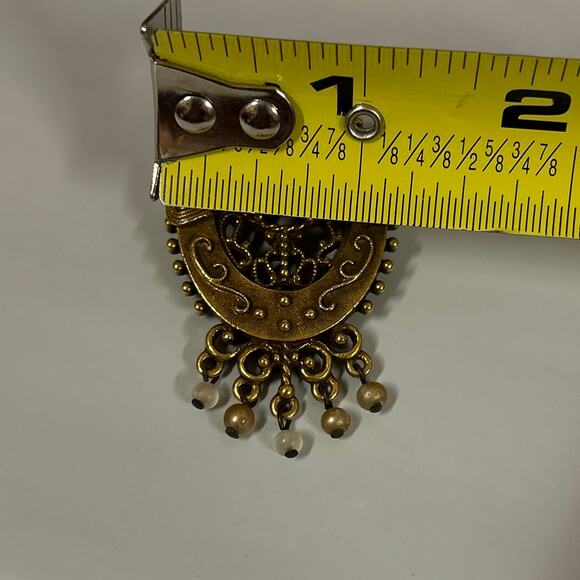 Vintage 70s Signed Pauline Rader Brass Faux Pearl  2” x 1.25” Brooch / Pendant - Picture 4 of 10